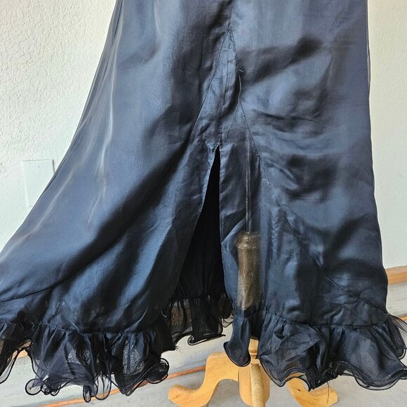 Vintage 70s Black Keyhole Cross Halter Lettuce Ruffle Hem Slit Maxi Dress Gown M - Picture 4 of 9